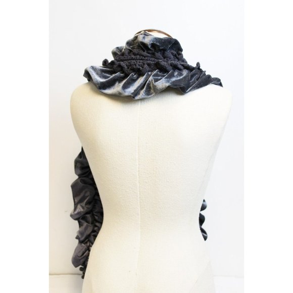 Grey Velvet Knit Reversible Scarf Ruffled Satin Stretch Fringe Goth Victorian - Picture 3 of 7